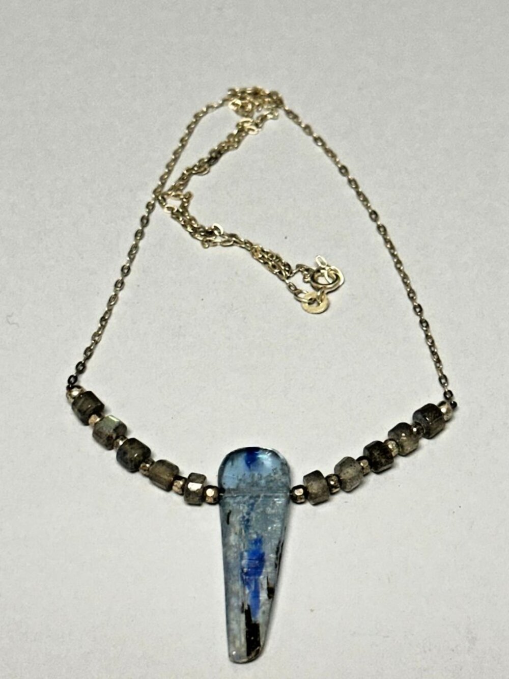 Kyanite Pendant Necklace Sterling Silver Blue Stone Beaded Chain Artisan